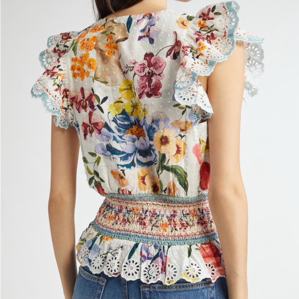 FARM Rio Multicolor Floral Eyelet-Trim Smocked Waist Blouse - Picture 2 of 6